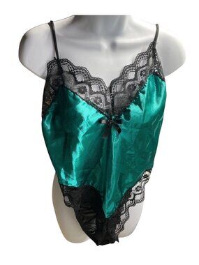 Lady Cameo Dallas Green Satin & Black Lace Teddy Medium Made In USA Vintage  41i